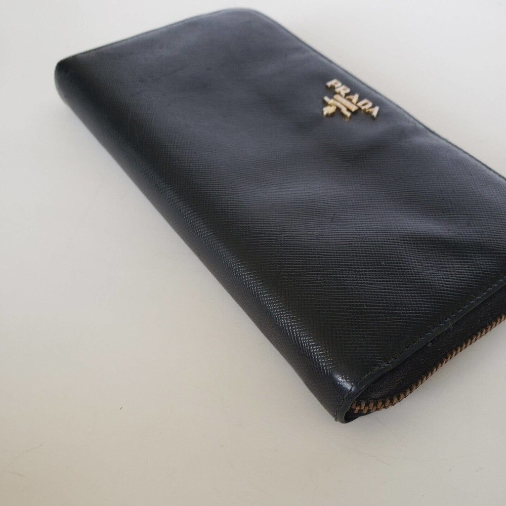 Prada Long Wallet Leather Zipper Black Zip Around Italy Continental Logo Clutch - Picture 7 of 13